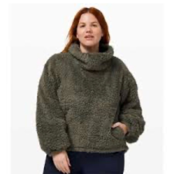 lululemon athletica Sweaters - Lululemon Athletica Warm Restore Sherpa Pullover Army Green Grey Cowl Sweater